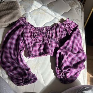 Free People Purple Plaid Off-Shoulder Top